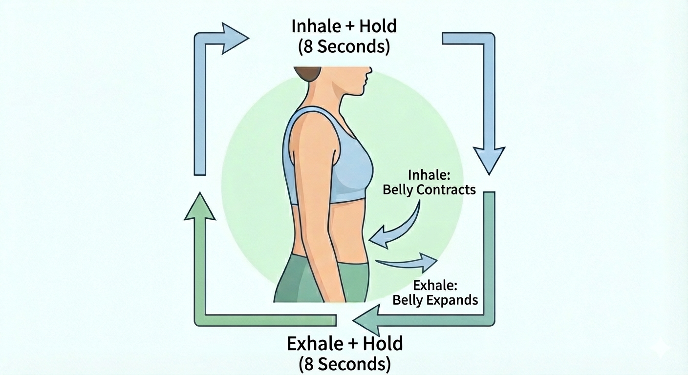 Box breathing app interface showing breathing exercise with visual animation circle